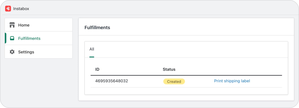 Instabox Shopify fulfillment page